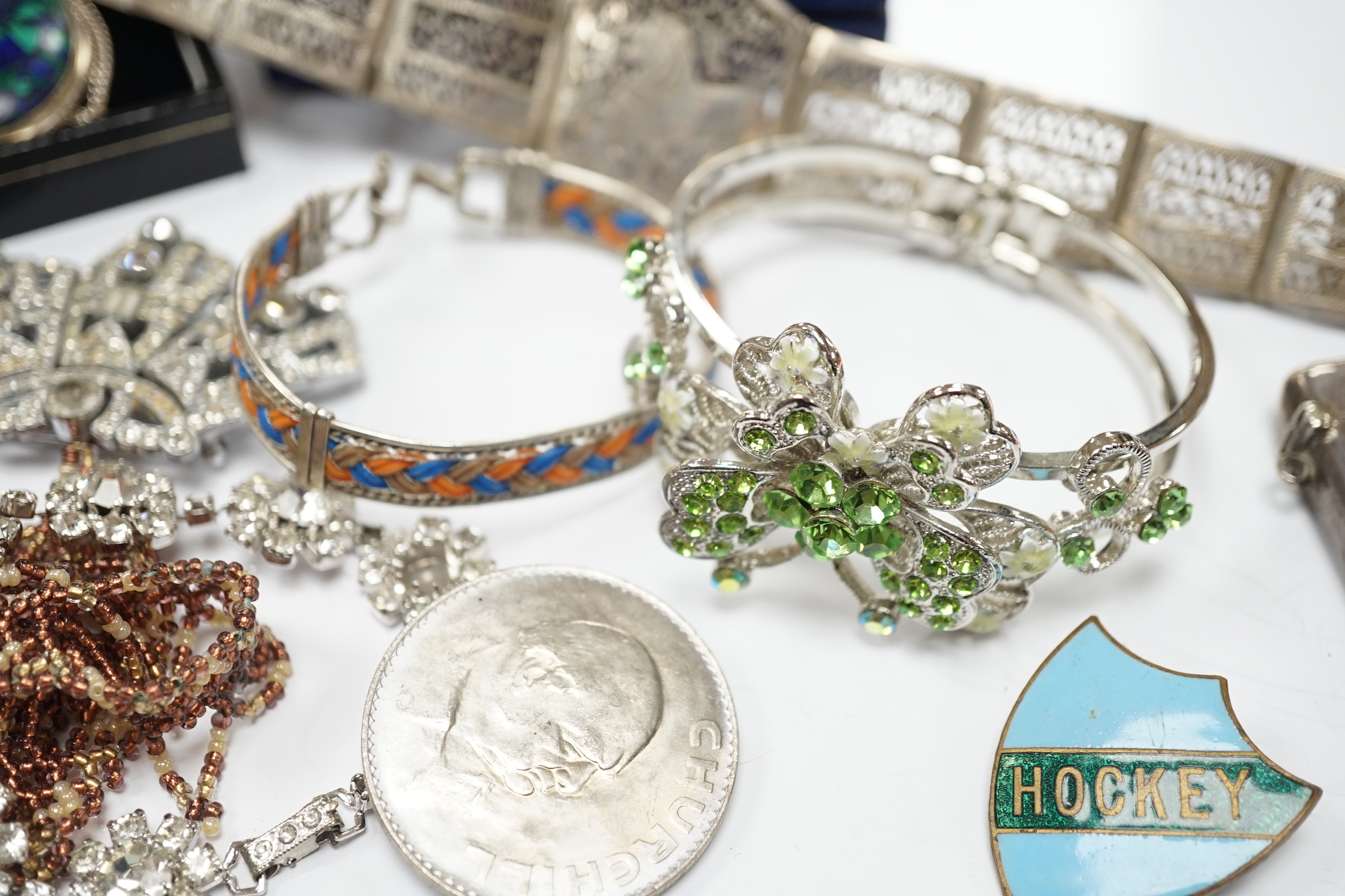 A small quantity of assorted costume jewellery, gold plated pocket watch, silver vesta case, etc.